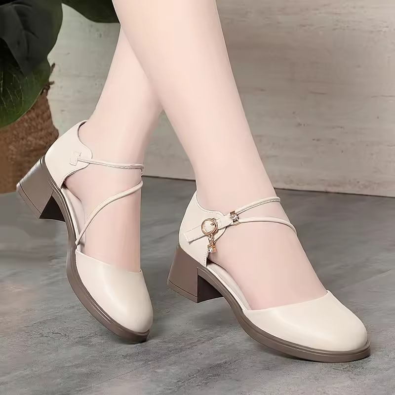2025 New Sandals Women's Mid-Heel Soft Leather Shoes Thick Heel Summer One-Button Hollow Comfortable And Elegant Mother's Shoes